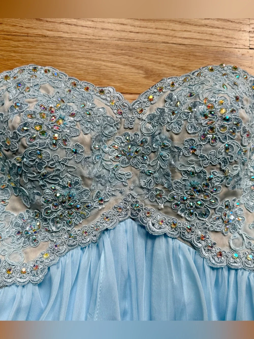 La Femme long light blue formal dress with lace embellished bodice - Picture 5 of 12